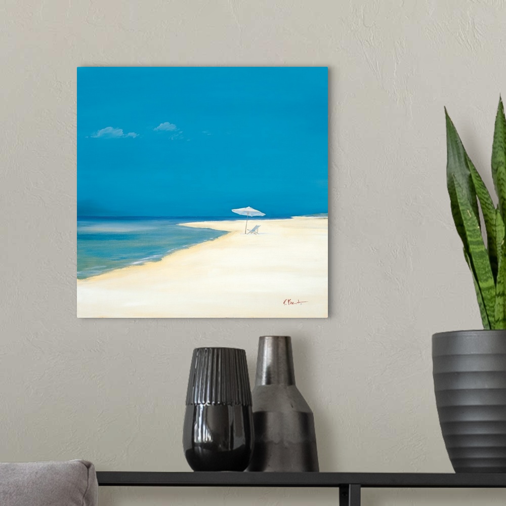 A modern room featuring Contemporary painting of an empty beach with only a chair and an umbrella.