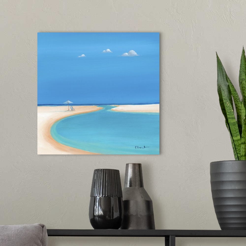 A modern room featuring Serene painting of calm, tropical beach with sandy shores and clear blue water.