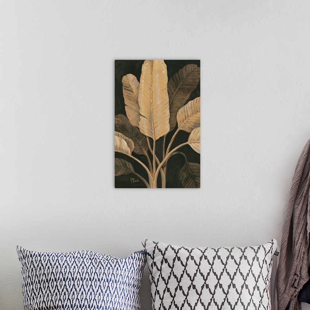 A bohemian room featuring Sepia-toned painting of broad palm leaves.