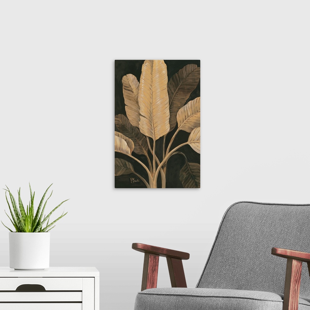 A modern room featuring Sepia-toned painting of broad palm leaves.