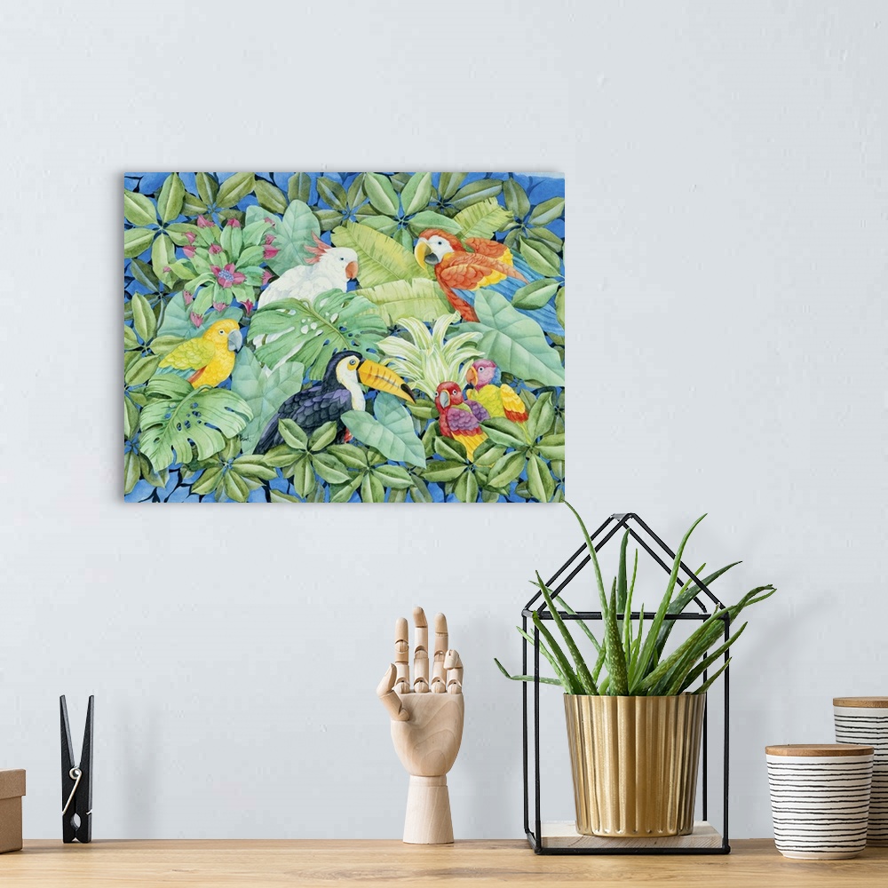 A bohemian room featuring Painting featuring several colorful, tropical birds in a leafy canopy, including a macaw, cockato...
