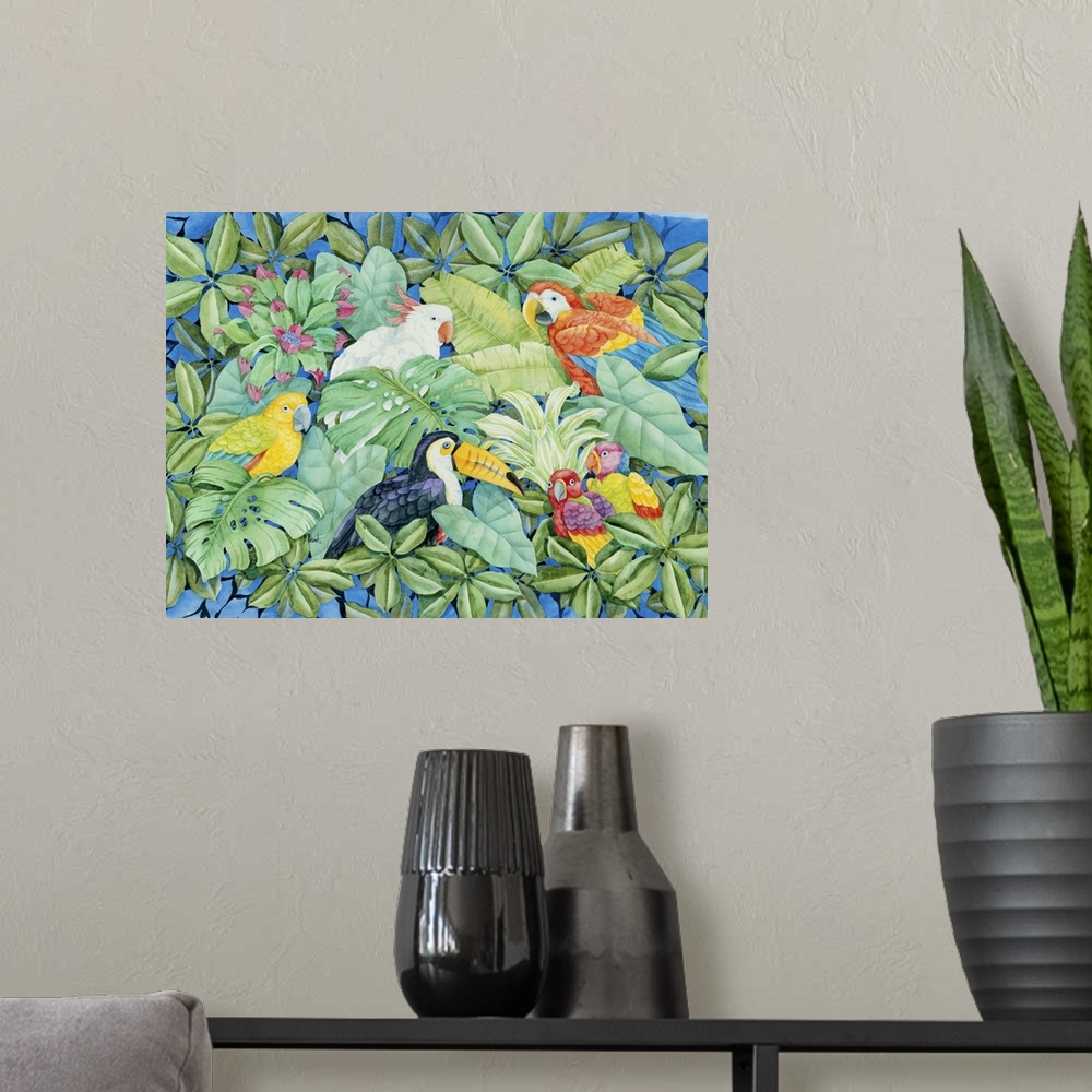 A modern room featuring Painting featuring several colorful, tropical birds in a leafy canopy, including a macaw, cockato...