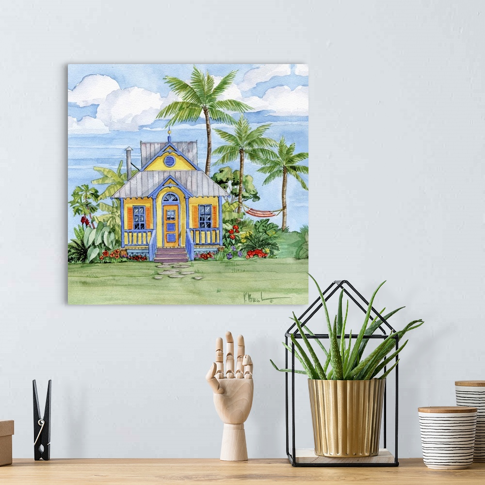 A bohemian room featuring Watercolor painting of a colorful beach cottage, with tropical plants and palm trees.