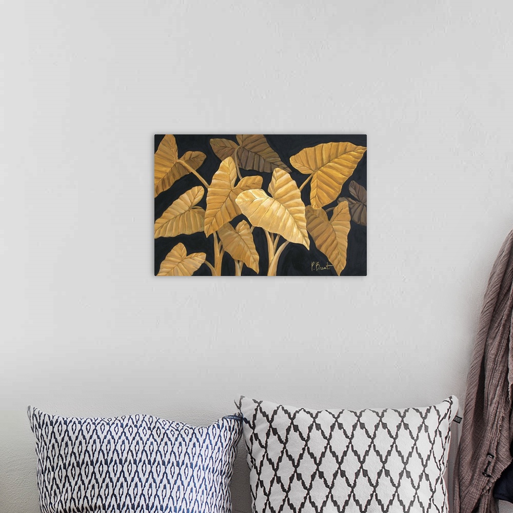 A bohemian room featuring Contemporary painting of several tropical fronds in sepia tones.