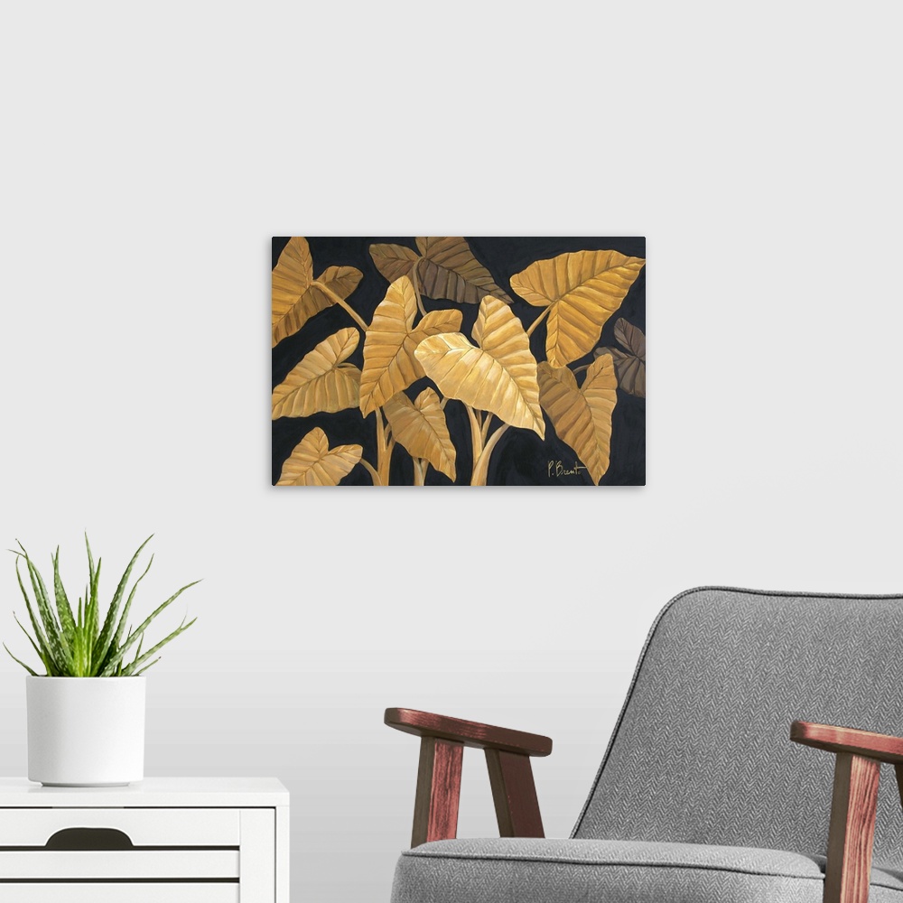 A modern room featuring Contemporary painting of several tropical fronds in sepia tones.
