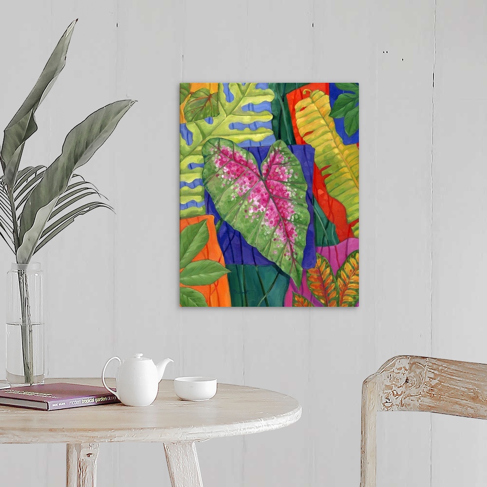 A farmhouse room featuring Colorful painting of multicolored tropical leaves of different sizes.
