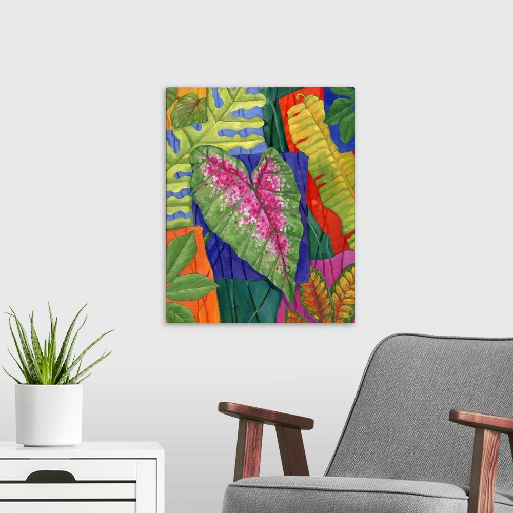 A modern room featuring Colorful painting of multicolored tropical leaves of different sizes.