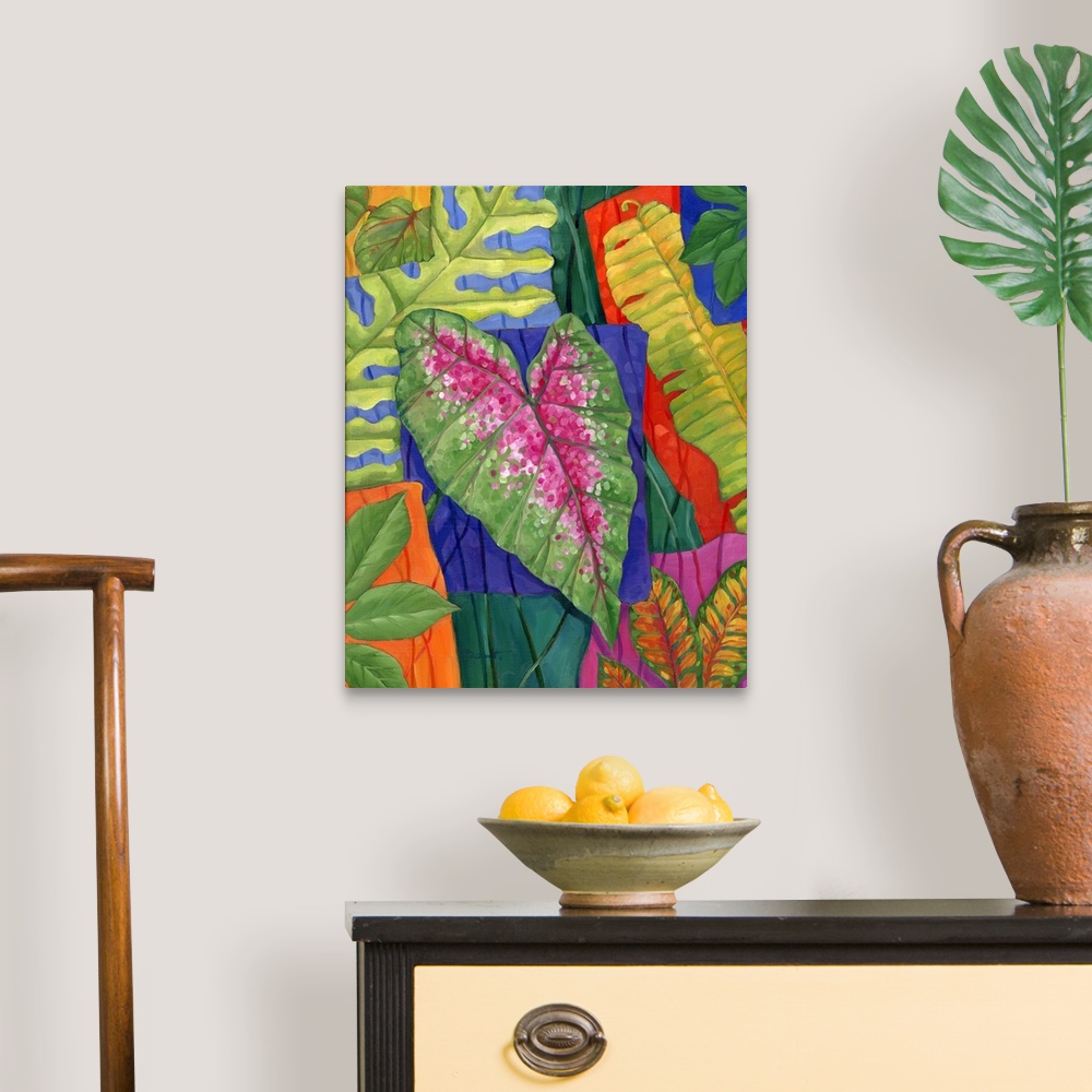 A traditional room featuring Colorful painting of multicolored tropical leaves of different sizes.