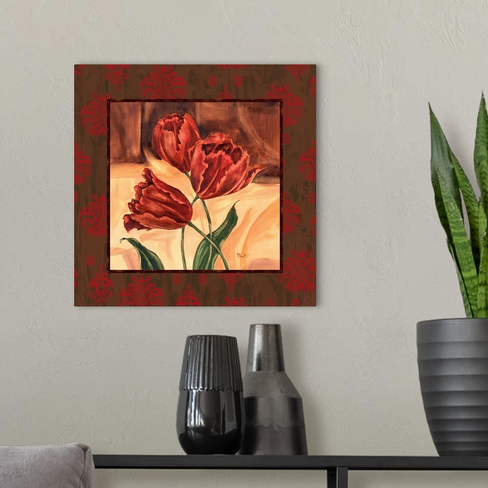 A modern room featuring Square painting of three tulips with a border of damask-style flowers.