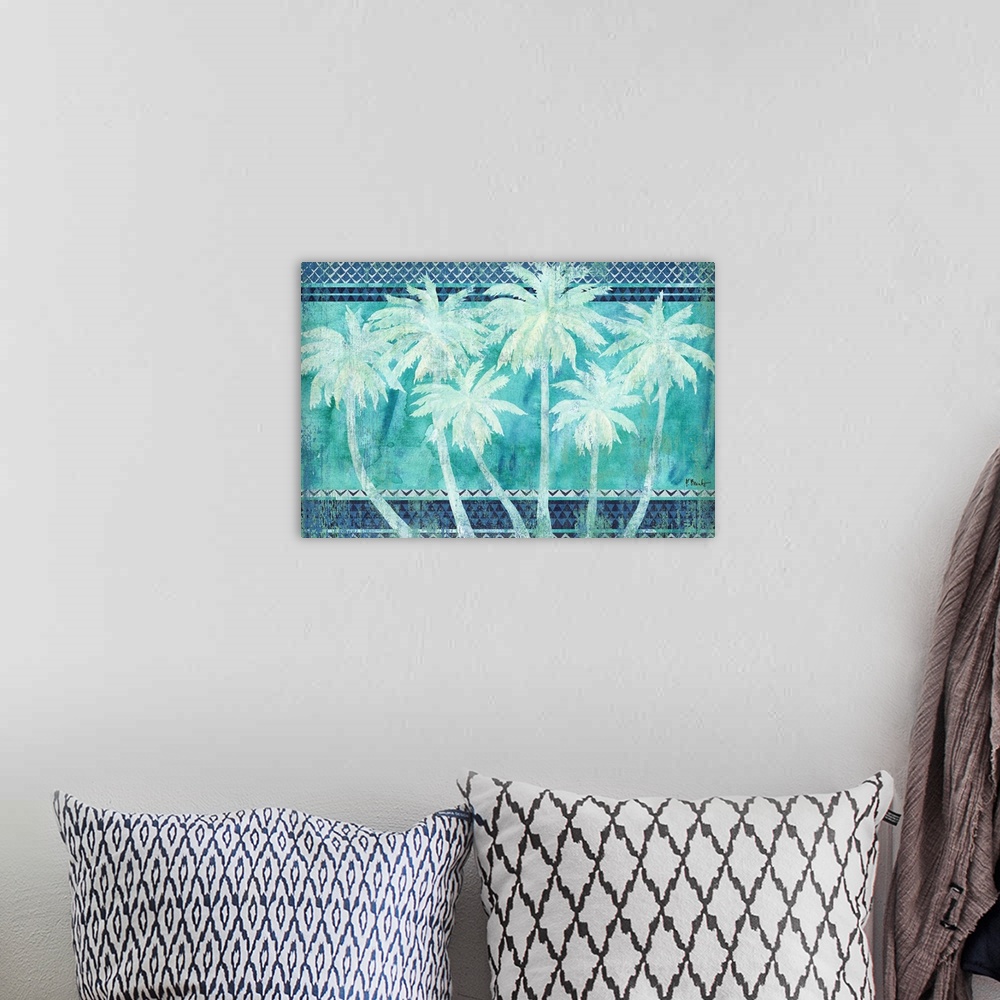 A bohemian room featuring Silhouetted palm trees on a patterned background made with shades of blue.