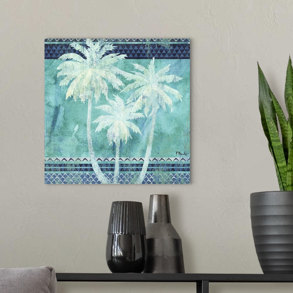 A modern room featuring Square decor with three silhouetted palm trees on a patterned background made in shades of blue.