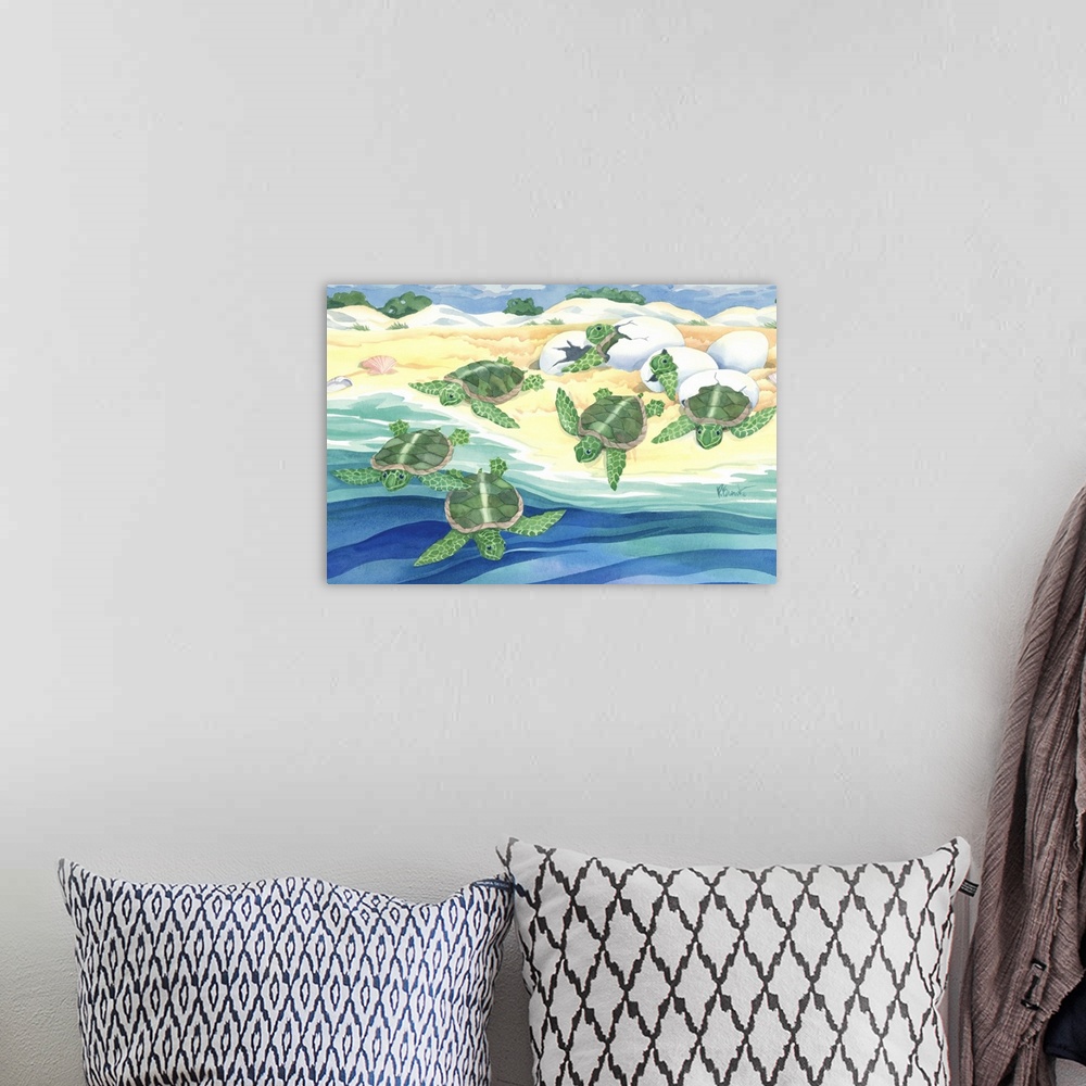 A bohemian room featuring Watercolor painting of a group of sea turtle hatchlings crawling into the ocean.