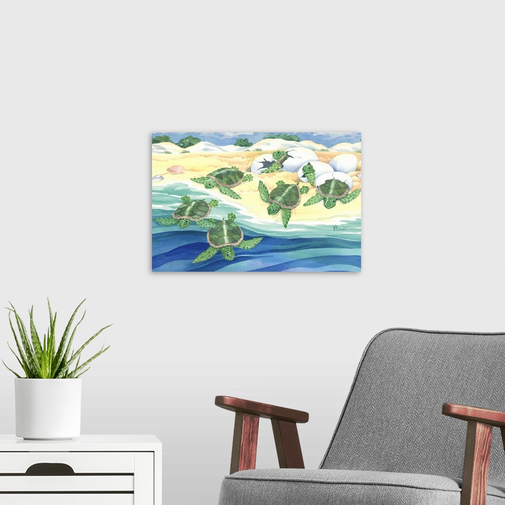 A modern room featuring Watercolor painting of a group of sea turtle hatchlings crawling into the ocean.