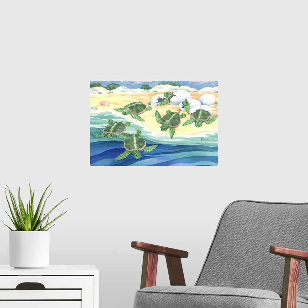 A modern room featuring Watercolor painting of a group of sea turtle hatchlings crawling into the ocean.