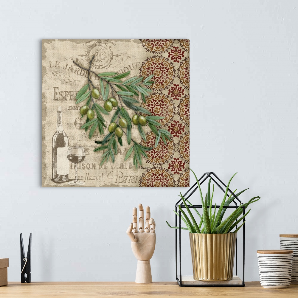 A bohemian room featuring Decorative art of a bunch of olives and a floral pattern on a vintage garden advertisement.