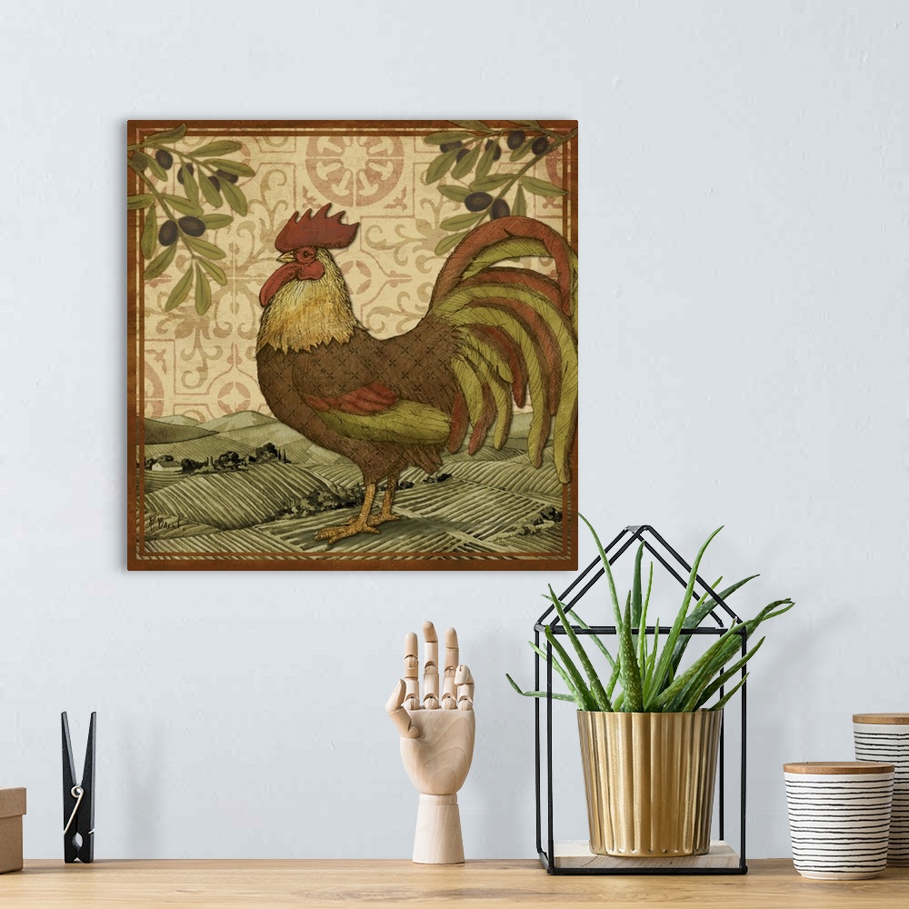 A bohemian room featuring Decorative painting of a rooster in a Tuscan countryside.