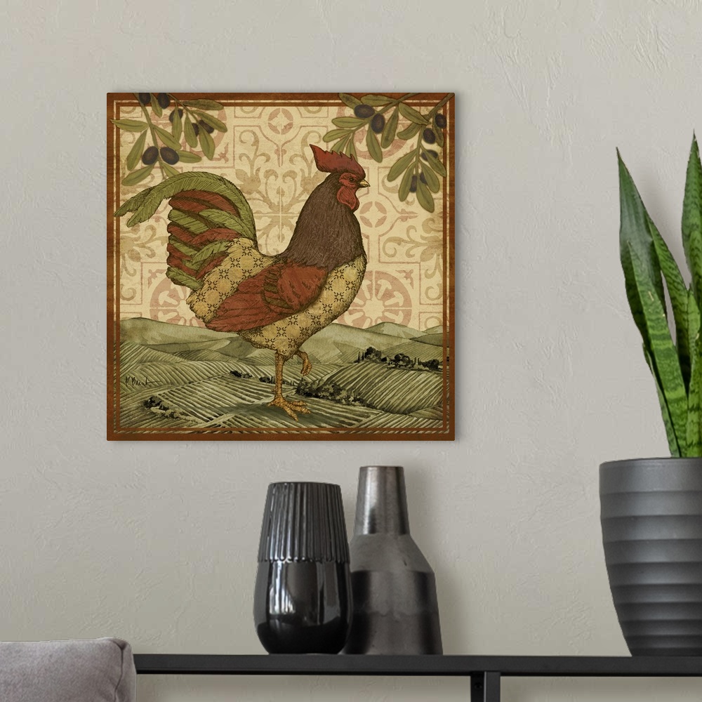 A modern room featuring Decorative painting of a rooster in a Tuscan countryside.