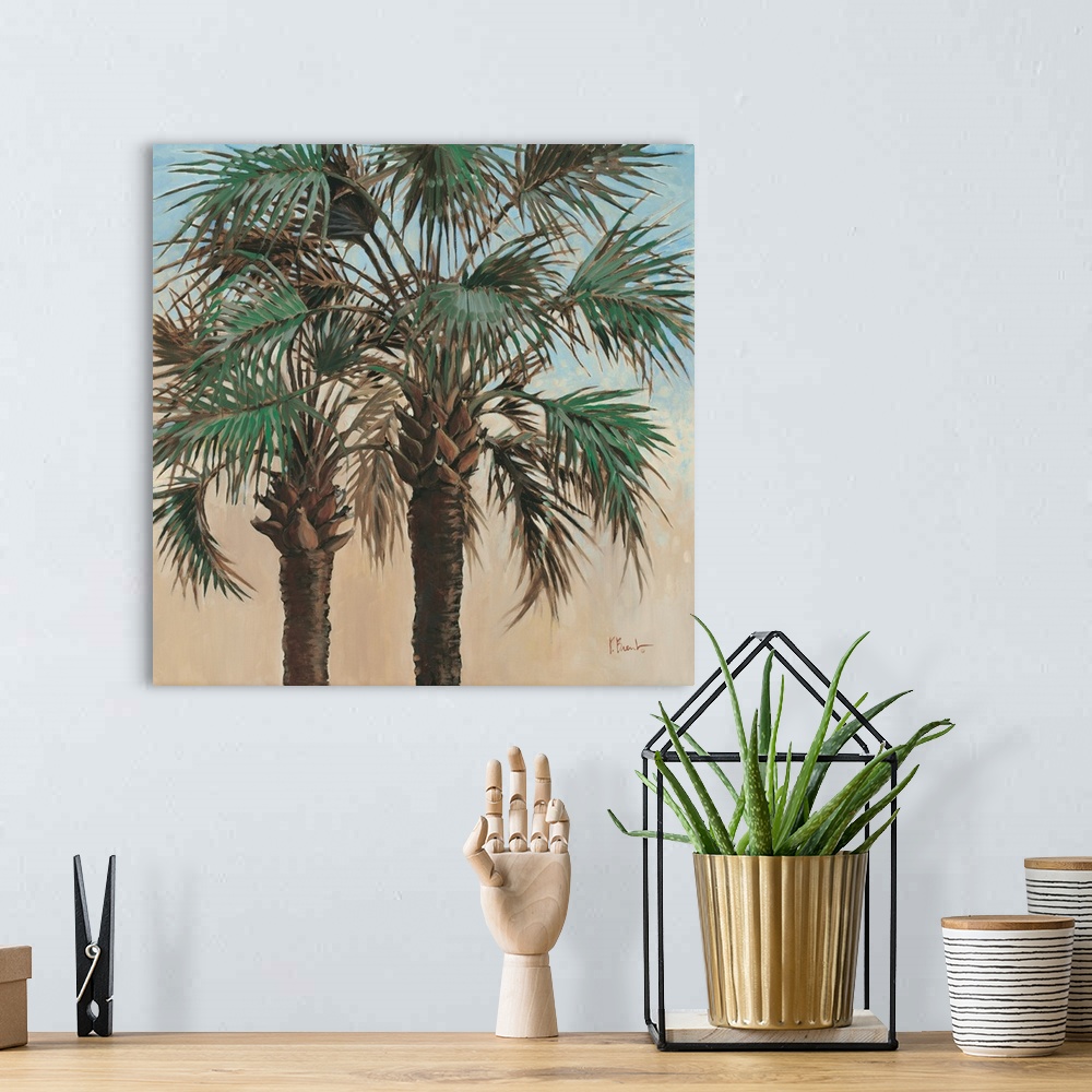 A bohemian room featuring Contemporary painting of two palm trees with leafy fronds.
