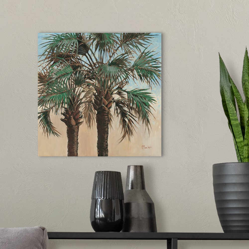 A modern room featuring Contemporary painting of two palm trees with leafy fronds.