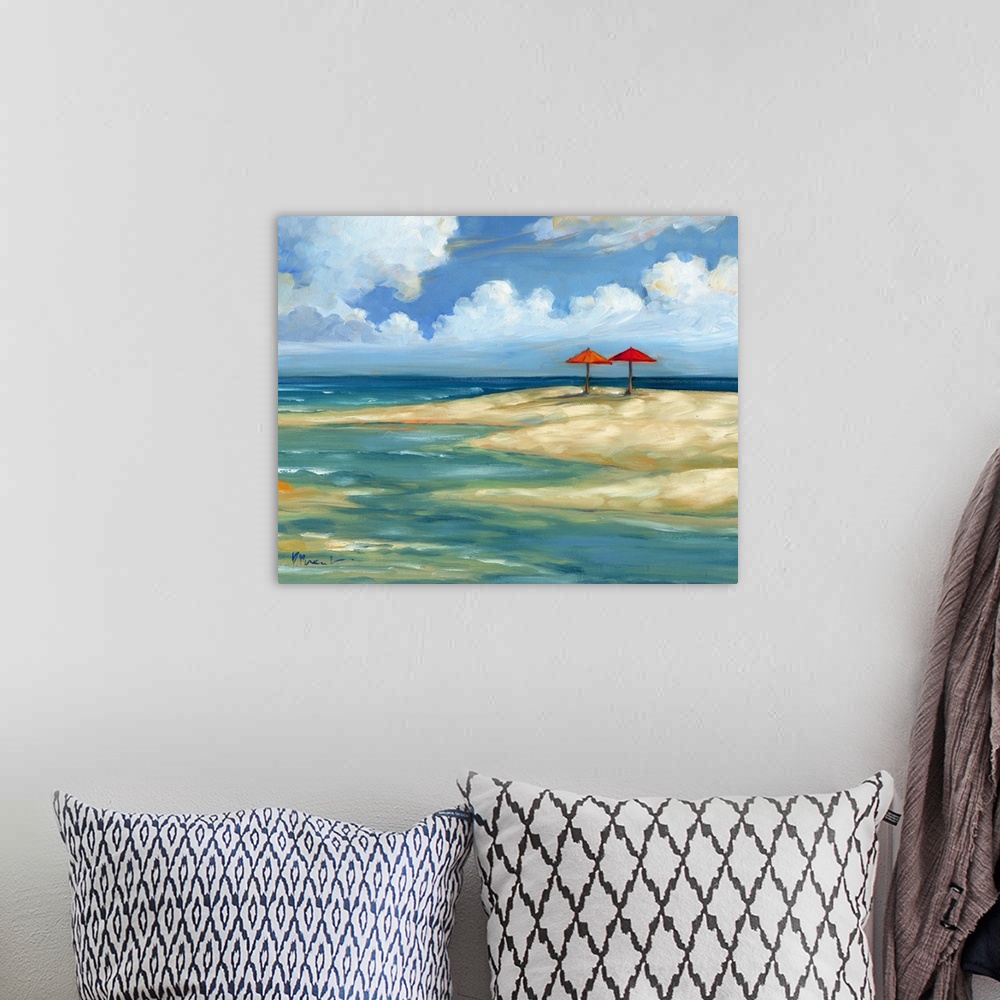 A bohemian room featuring Seascape with a sandy beach and two umbrellas under a cloudy sky.