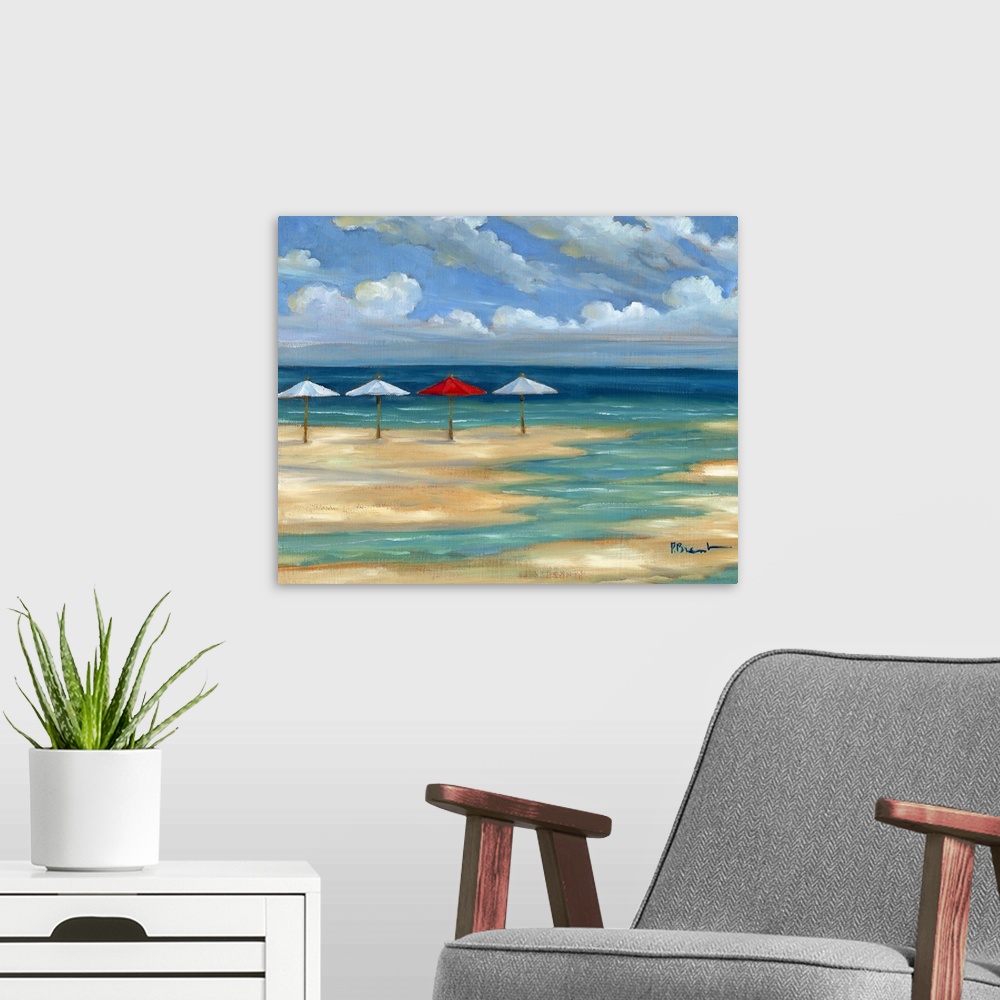 A modern room featuring Seascape with a sandy beach and four umbrellas under a cloudy sky.