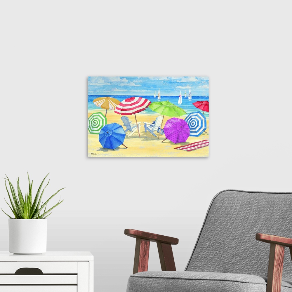 A modern room featuring Large painting of a relaxing beach scene with beach chairs, umbrellas, and towels set up in the s...