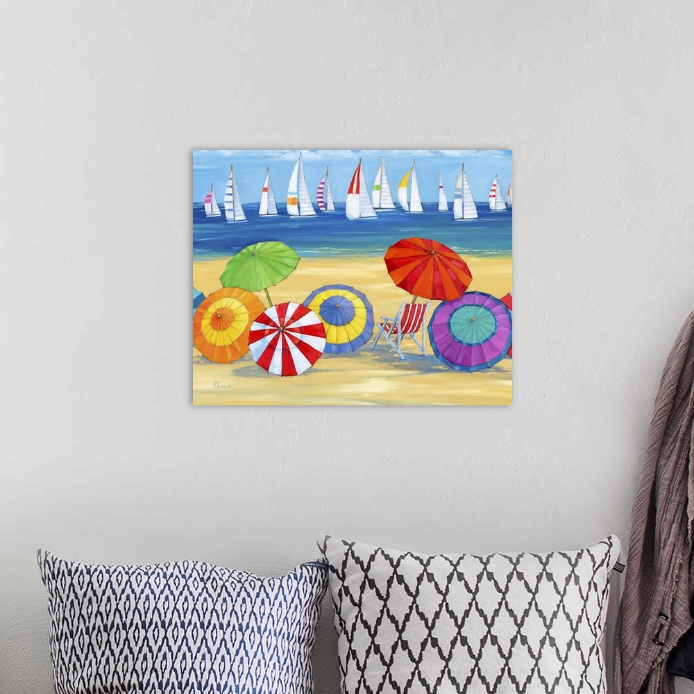 A bohemian room featuring Contemporary painting of a beach scene with lots of sun umbrellas and a fleet of sailboats in the...