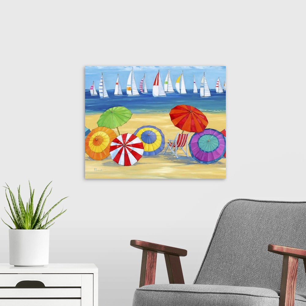 A modern room featuring Contemporary painting of a beach scene with lots of sun umbrellas and a fleet of sailboats in the...