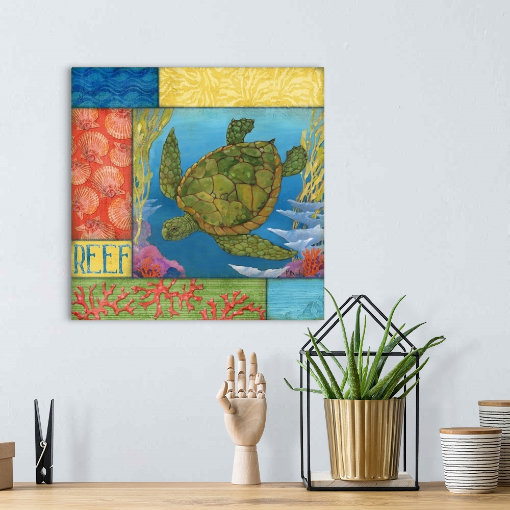 A bohemian room featuring Contemporary painting of a sea turtle swimming in the ocean near coral, with sea-themed panels.