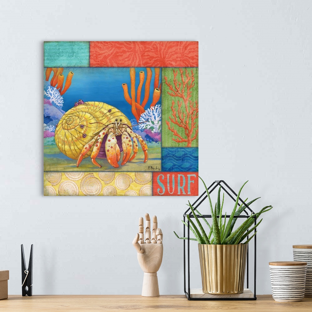 A bohemian room featuring Contemporary painting of a hermit crab crawling in the ocean near coral, with sea-themed panels.