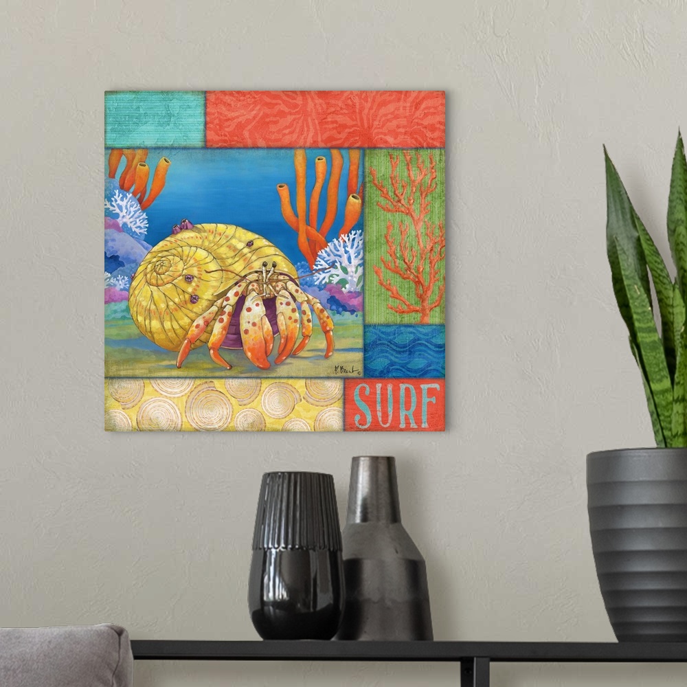 A modern room featuring Contemporary painting of a hermit crab crawling in the ocean near coral, with sea-themed panels.