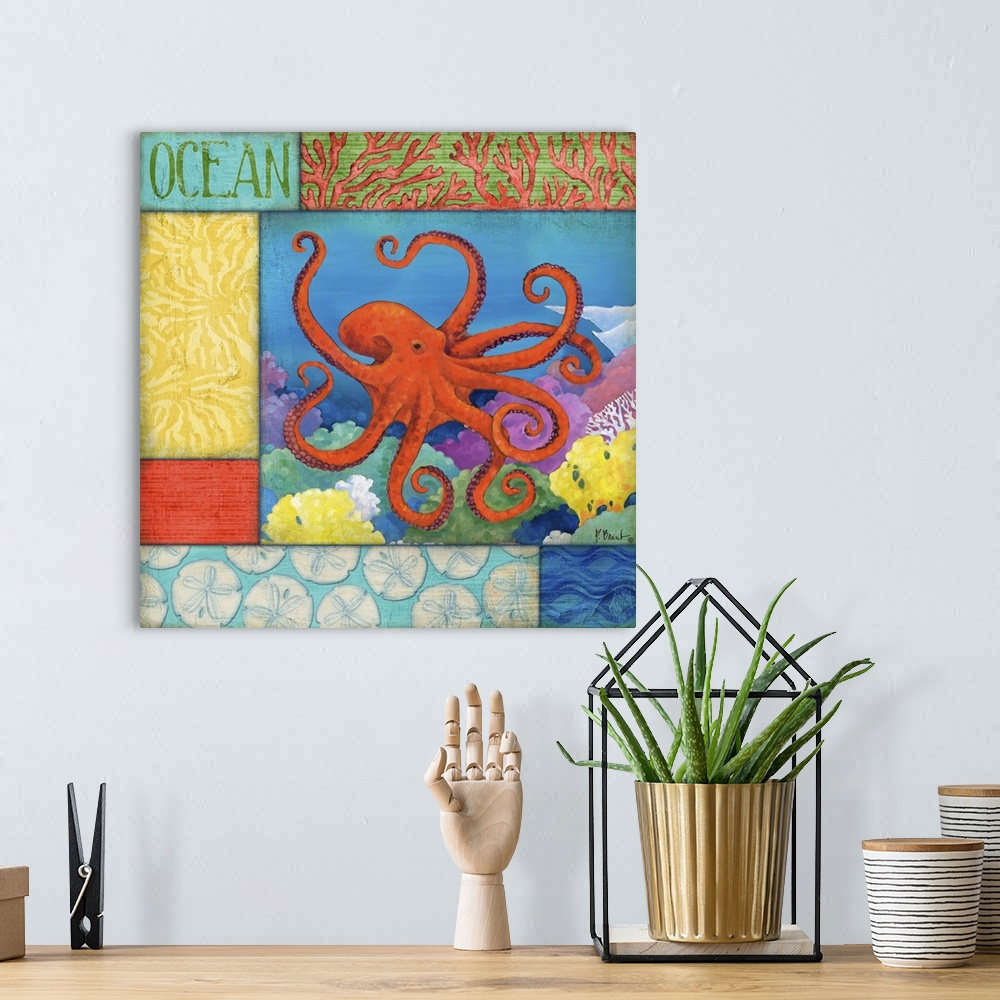 A bohemian room featuring Contemporary painting of an octopus swimming in the ocean near coral, with sea-themed panels.