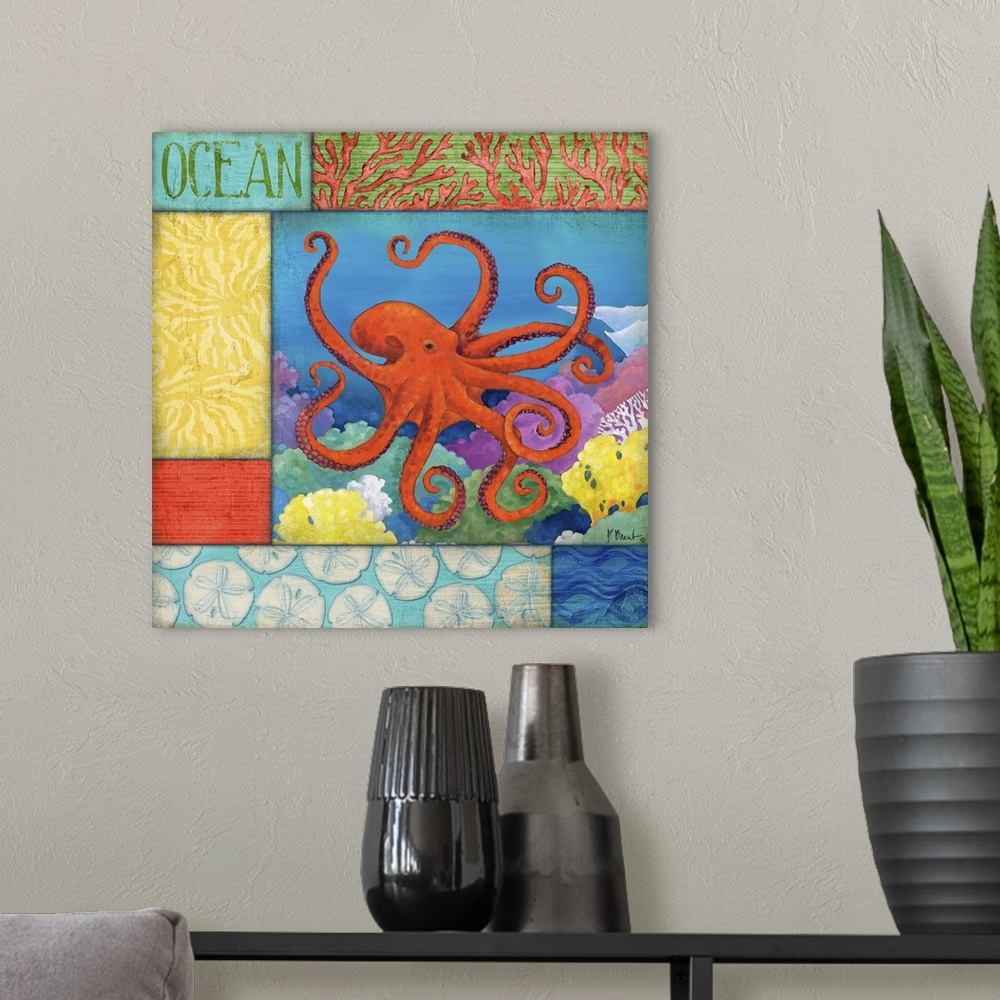 A modern room featuring Contemporary painting of an octopus swimming in the ocean near coral, with sea-themed panels.