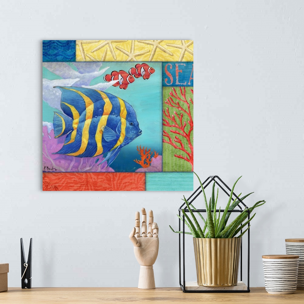 A bohemian room featuring Contemporary painting of a tropical fish swimming in the ocean near coral, with sea-themed panels.
