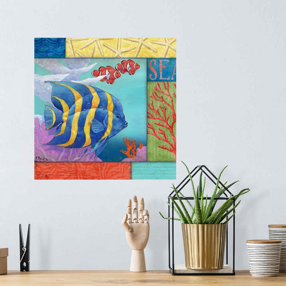 A bohemian room featuring Contemporary painting of a tropical fish swimming in the ocean near coral, with sea-themed panels.