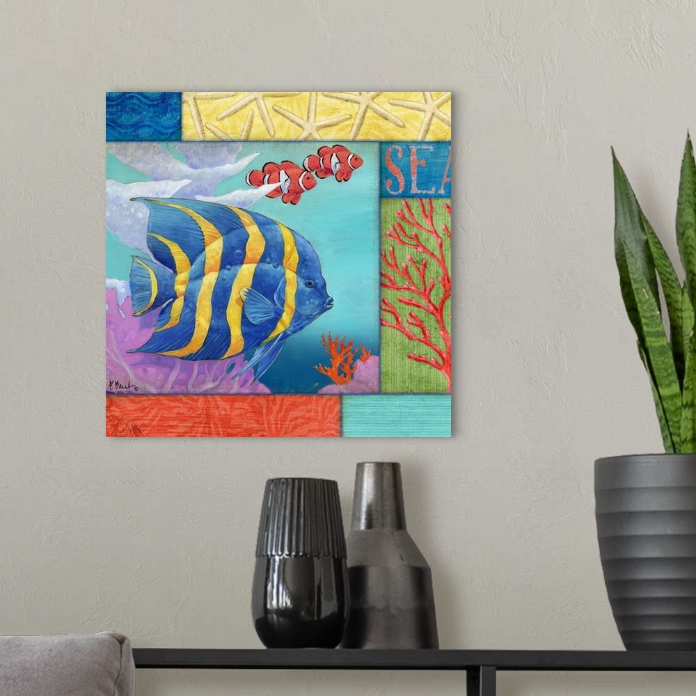 A modern room featuring Contemporary painting of a tropical fish swimming in the ocean near coral, with sea-themed panels.