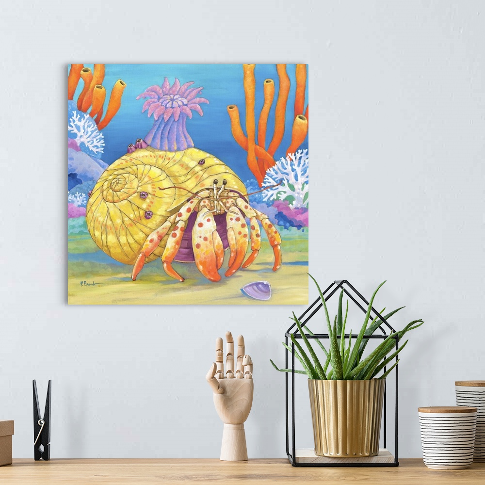 A bohemian room featuring Contemporary painting of a hermit crab crawling in the ocean near coral.