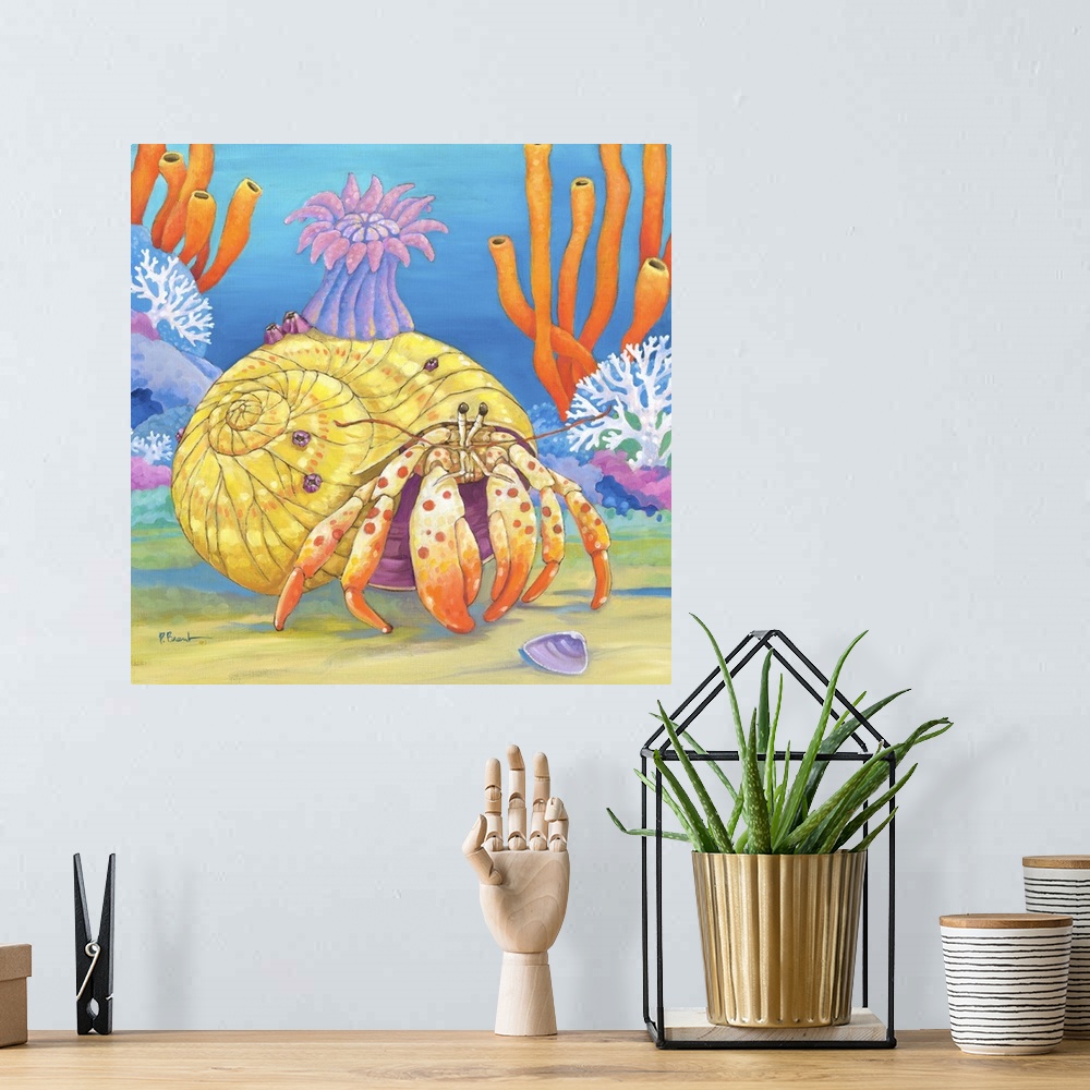 A bohemian room featuring Contemporary painting of a hermit crab crawling in the ocean near coral.