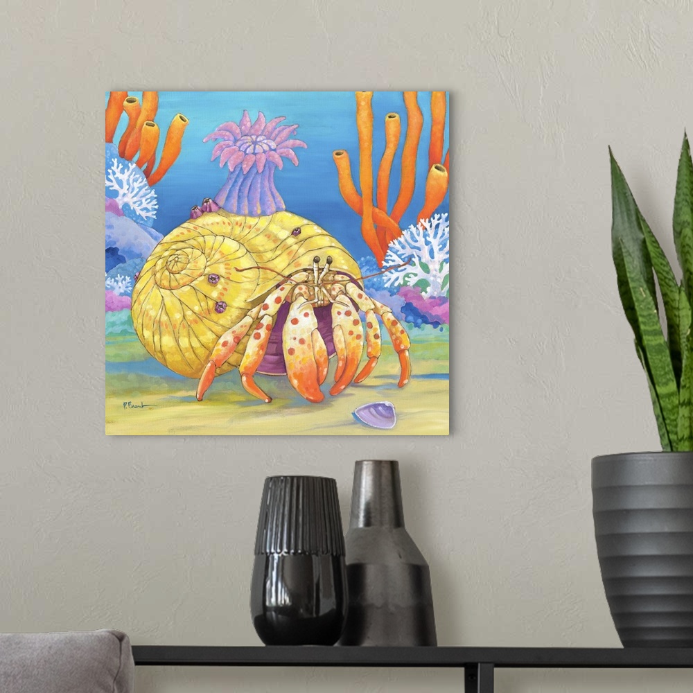 A modern room featuring Contemporary painting of a hermit crab crawling in the ocean near coral.