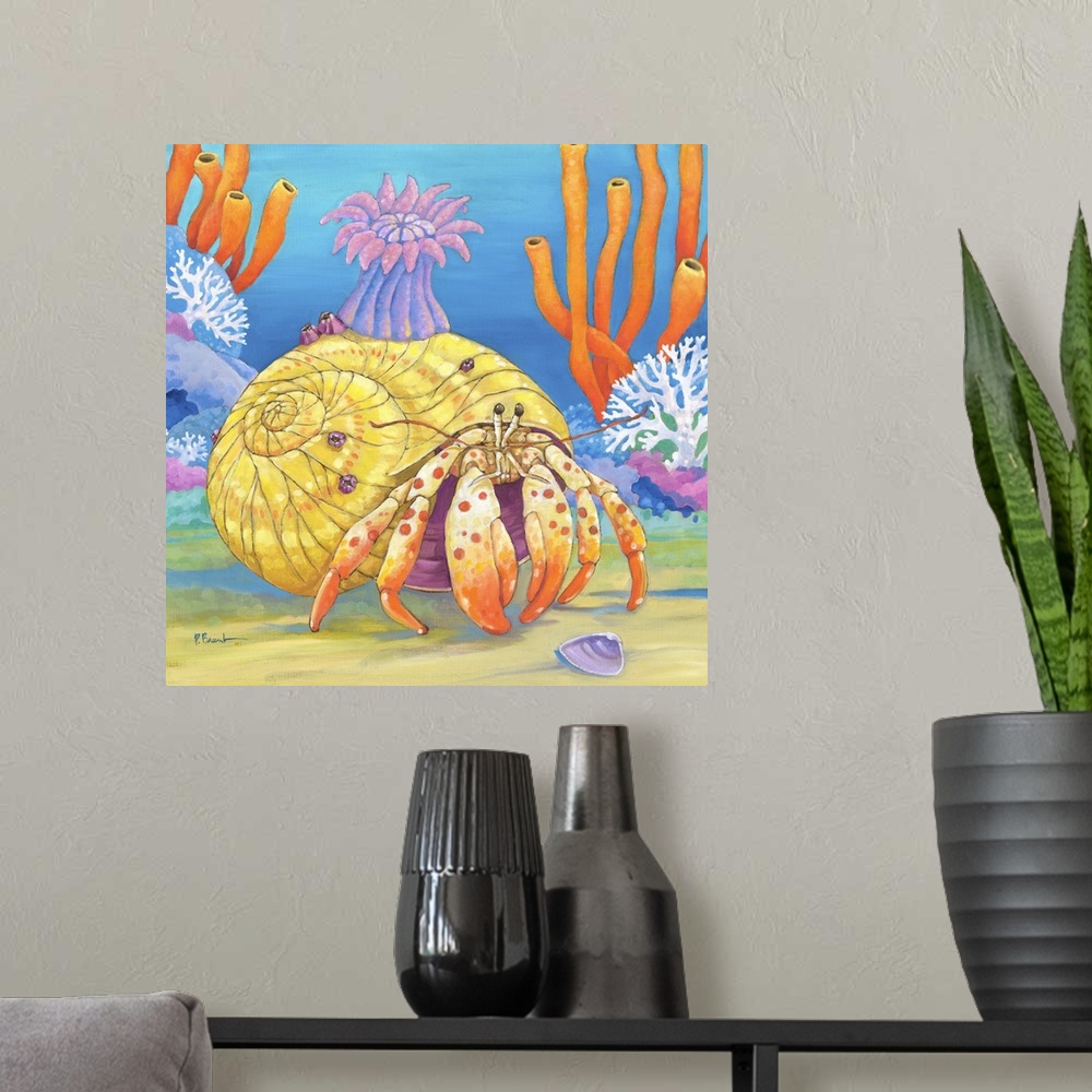 A modern room featuring Contemporary painting of a hermit crab crawling in the ocean near coral.