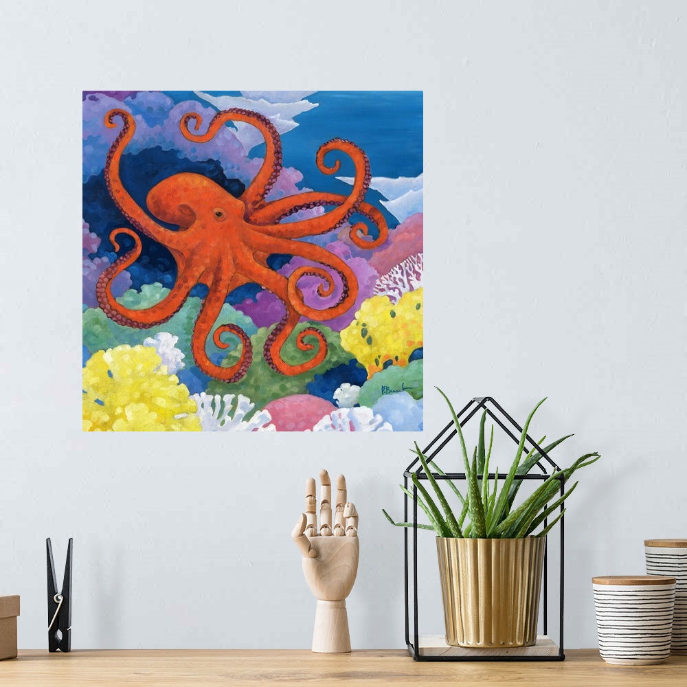A bohemian room featuring Contemporary painting of an octopus swimming in the ocean near coral.