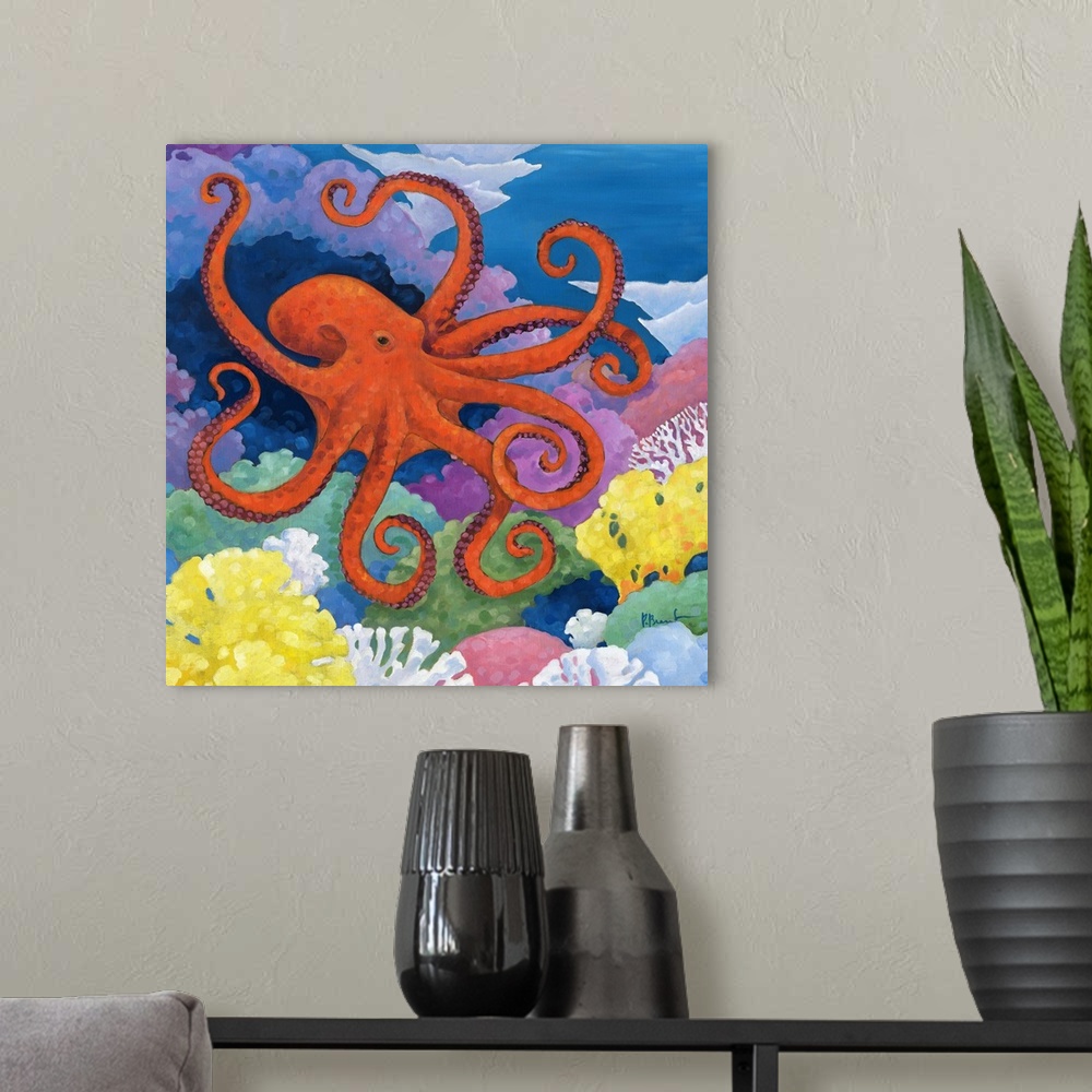 A modern room featuring Contemporary painting of an octopus swimming in the ocean near coral.