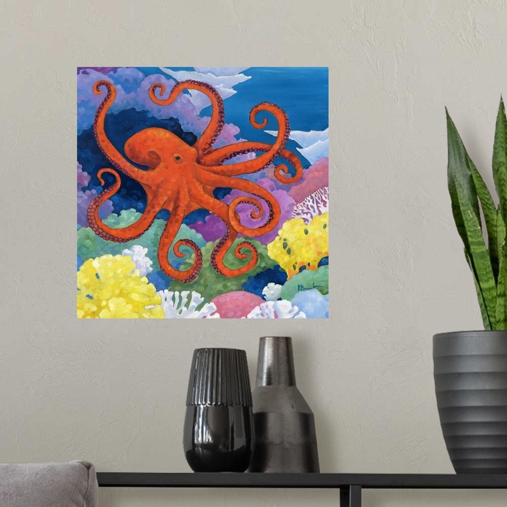 A modern room featuring Contemporary painting of an octopus swimming in the ocean near coral.