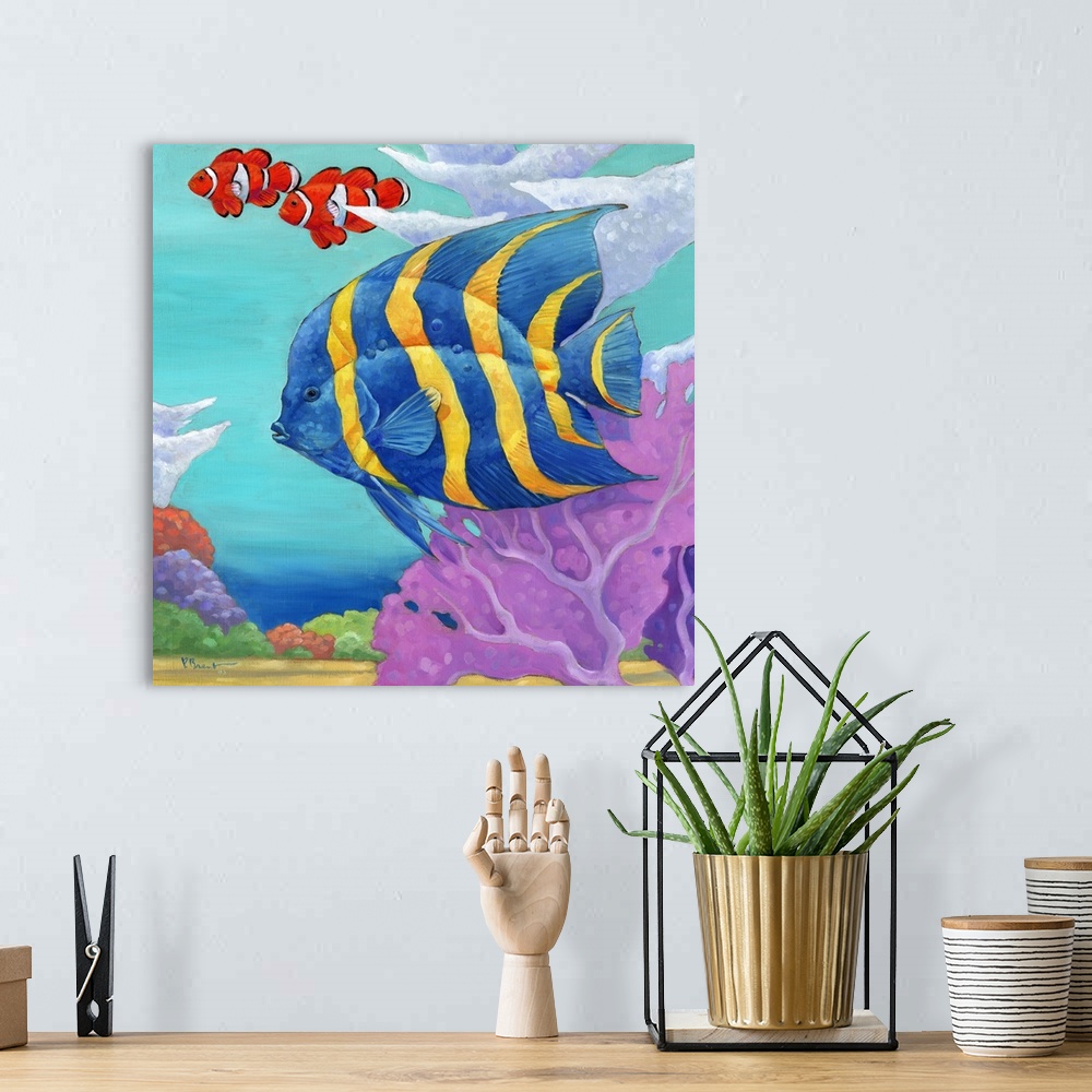A bohemian room featuring Contemporary painting of a tropical fish swimming in the ocean near coral.