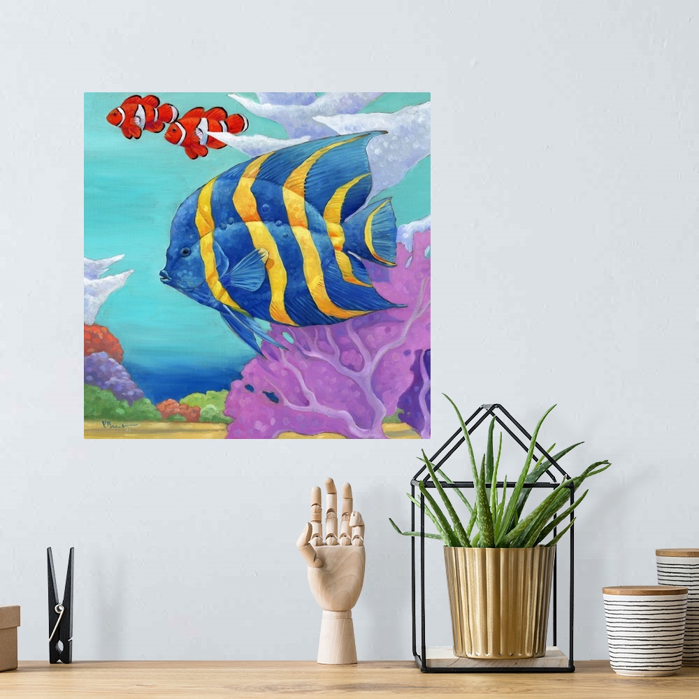A bohemian room featuring Contemporary painting of a tropical fish swimming in the ocean near coral.