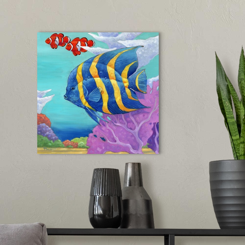A modern room featuring Contemporary painting of a tropical fish swimming in the ocean near coral.