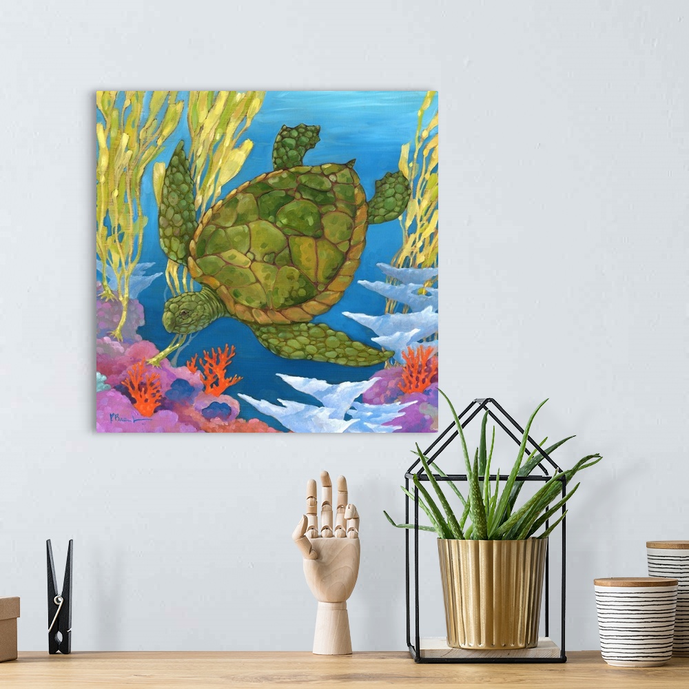 A bohemian room featuring Contemporary painting of a sea turtle swimming in the ocean near coral.