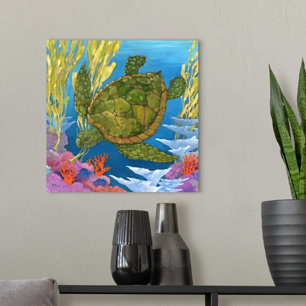 A modern room featuring Contemporary painting of a sea turtle swimming in the ocean near coral.