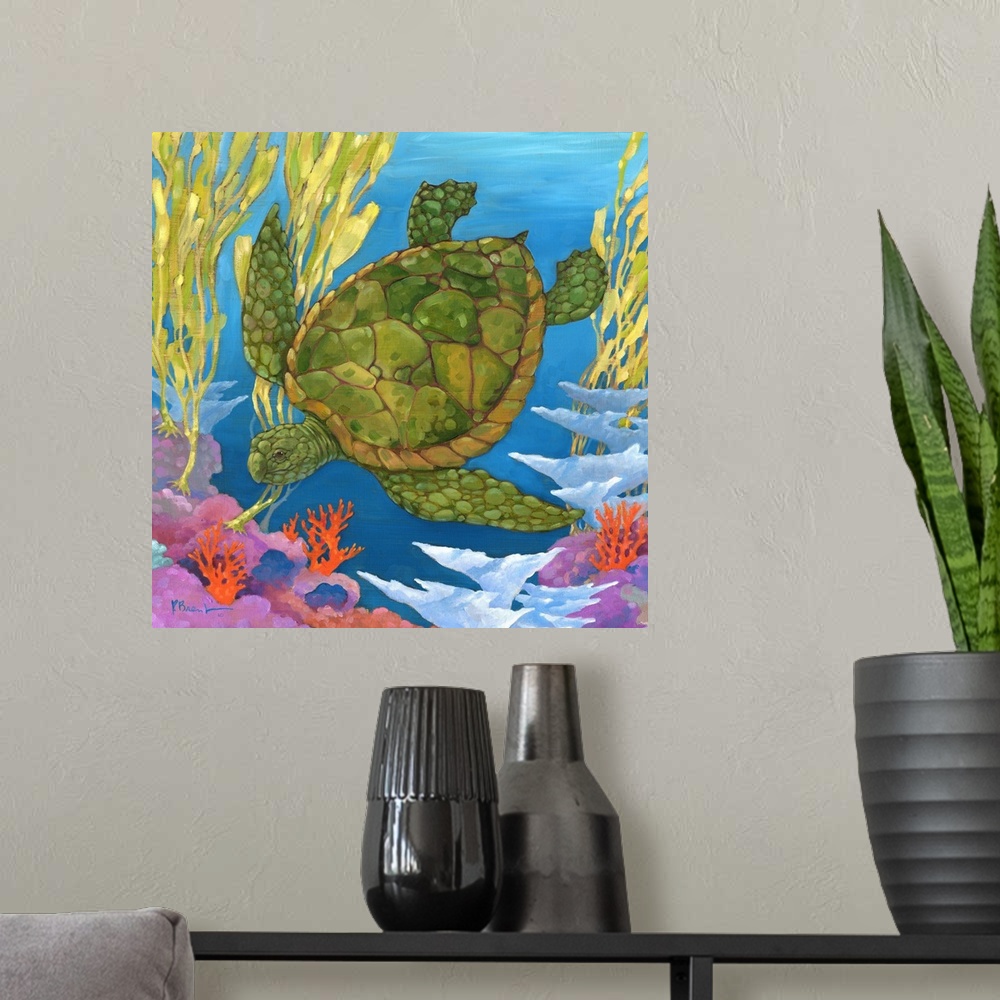 A modern room featuring Contemporary painting of a sea turtle swimming in the ocean near coral.