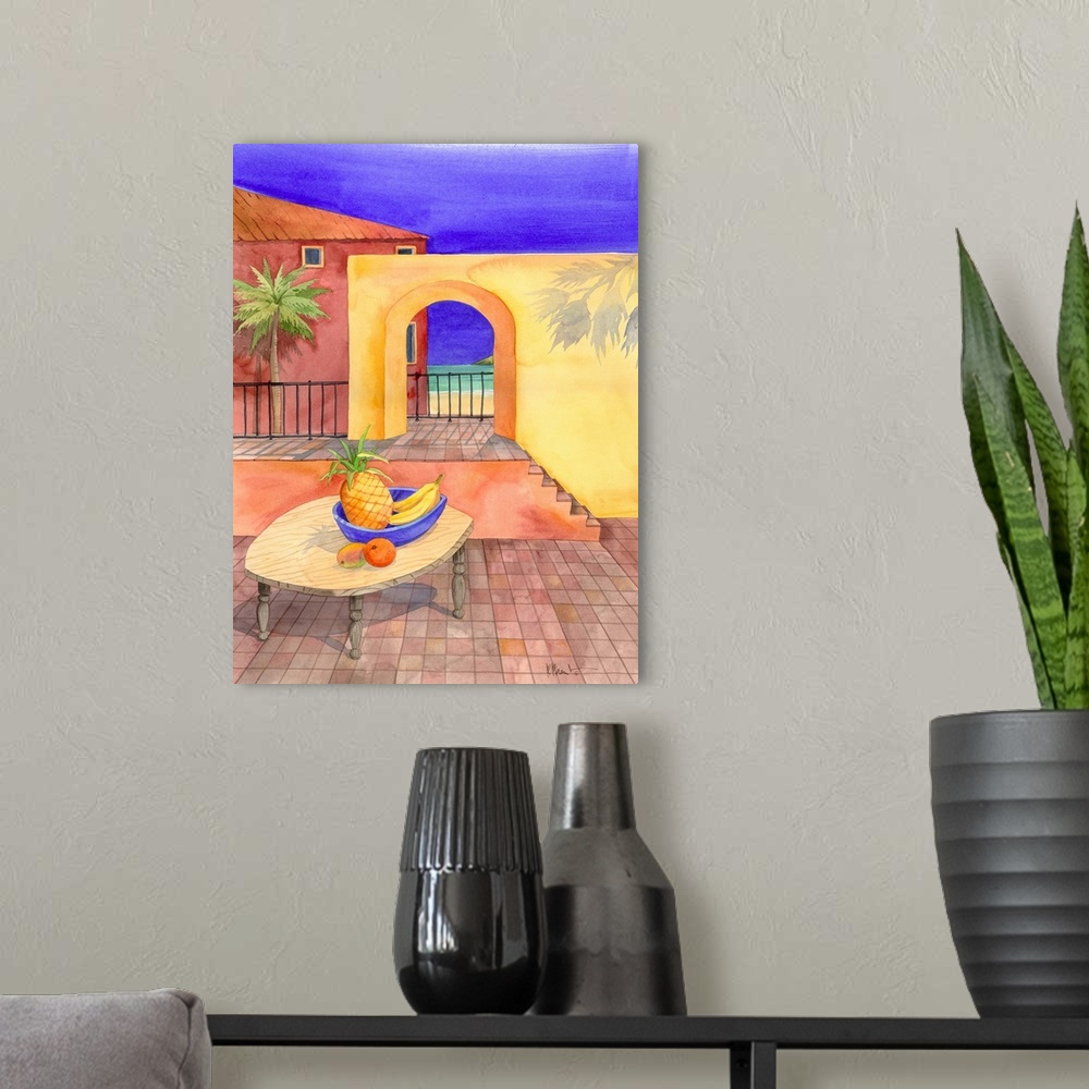 A modern room featuring Contemporary painting of a basket of fruit on a table near an adobe wall with an arched doorway.